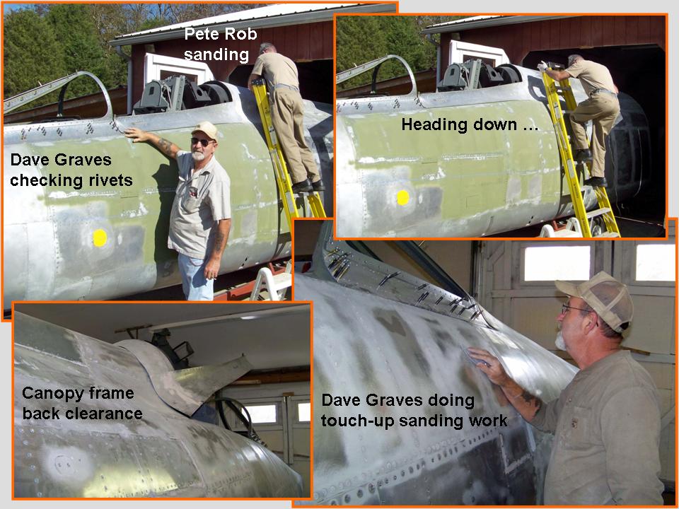 A composite picture that shows Dave Graves and Pete Rob doing lots of sanding work.
            Click on the picture to enlarge it.